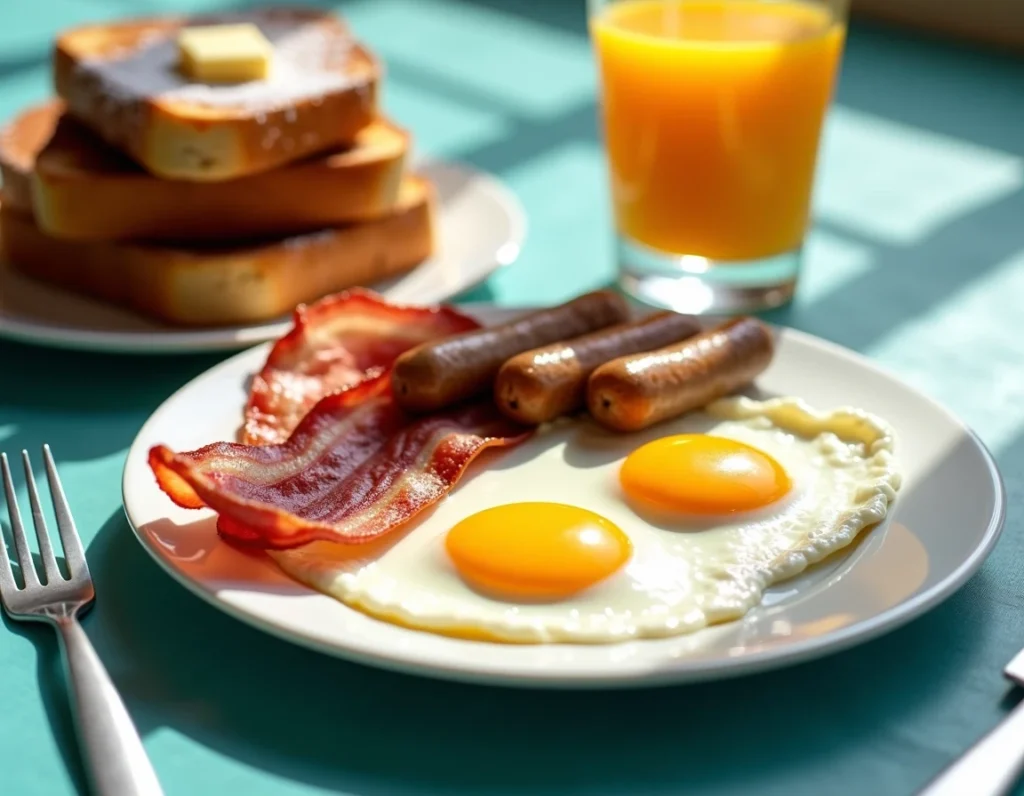 French Toast with egg, bacon, and sausages.