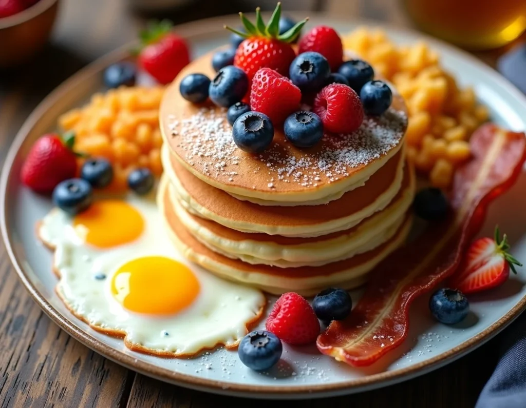 Berries topped on Pancake with eggs, and bacon.