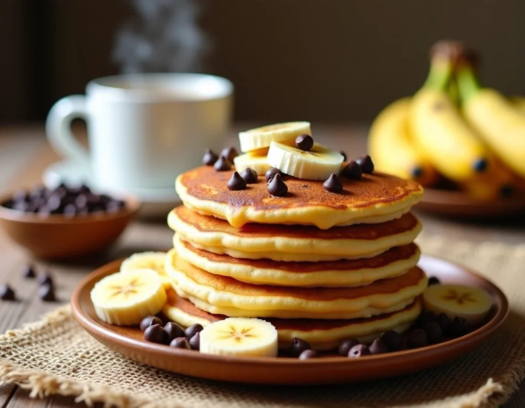 Chocolate chip pancakes with bananas