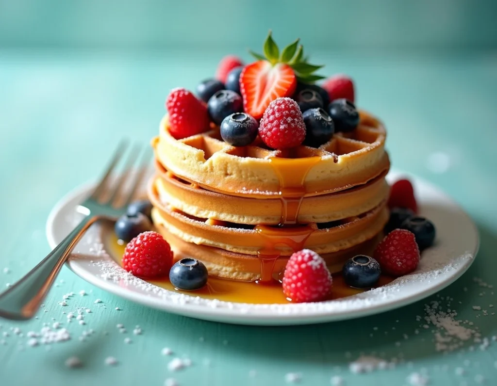 Berry Waffles topped with strawberries.