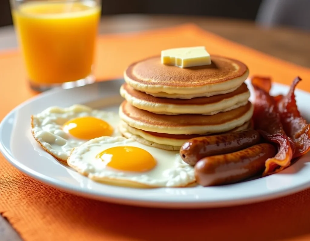 Breakfast with pancakes, eggs, bacon, or sausage.