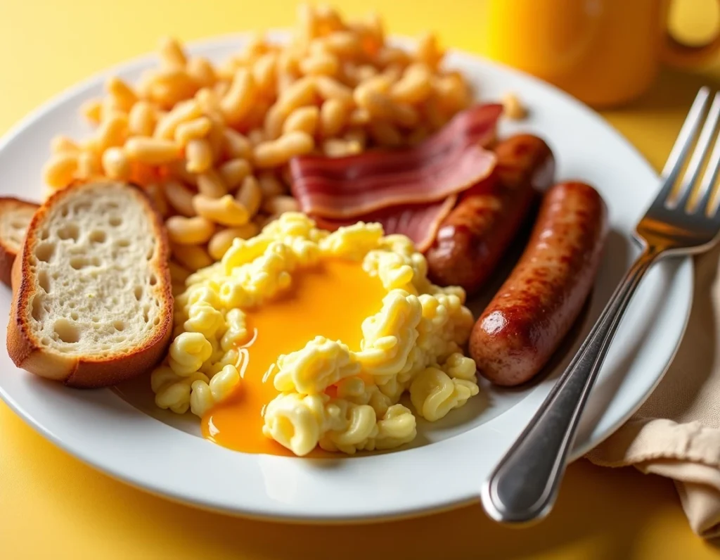 Cheesy scrambled eggs with bacon and sausage.